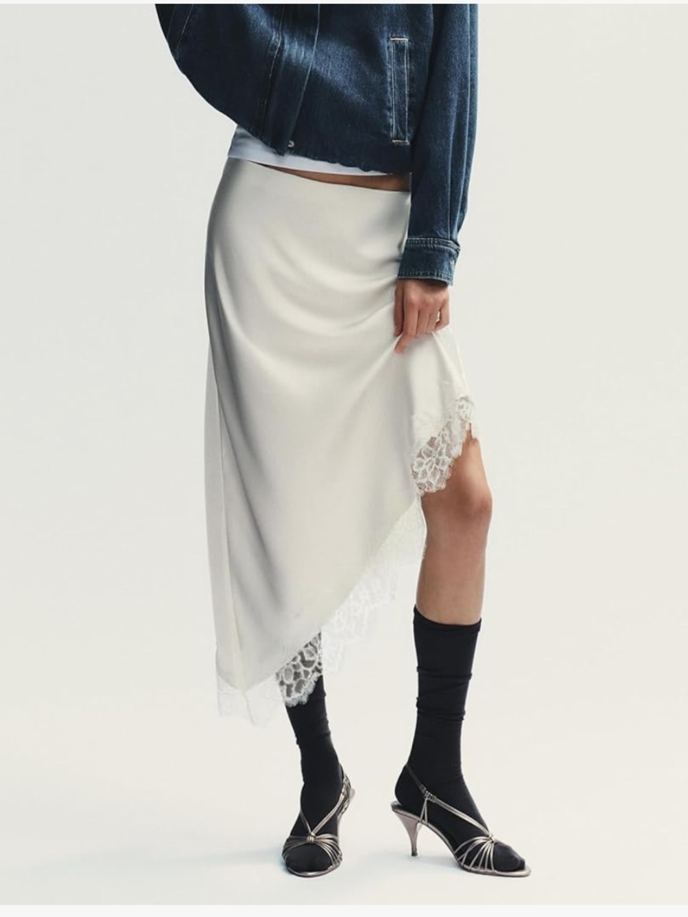 Asymmetrical Satin Lace-Trim Midi Skirt